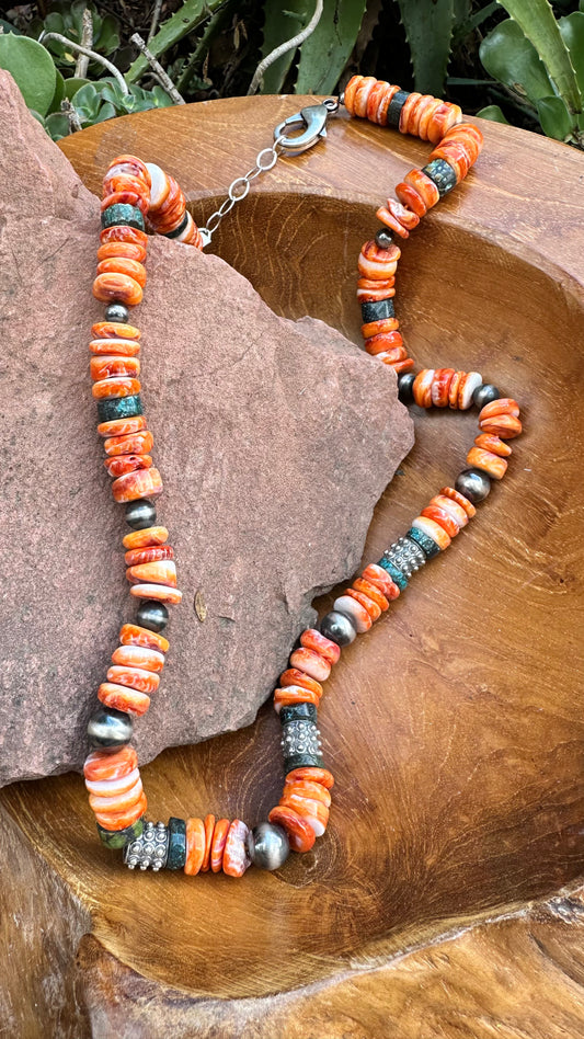 N0614 Turquoise Spiny Oyster Navajo Pearls Necklace (22”-24”)