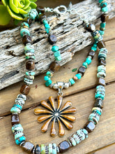 Load image into Gallery viewer, N0832 Turquoise Bronzite Tiger Eye Sterling Necklace (18”-20”)
