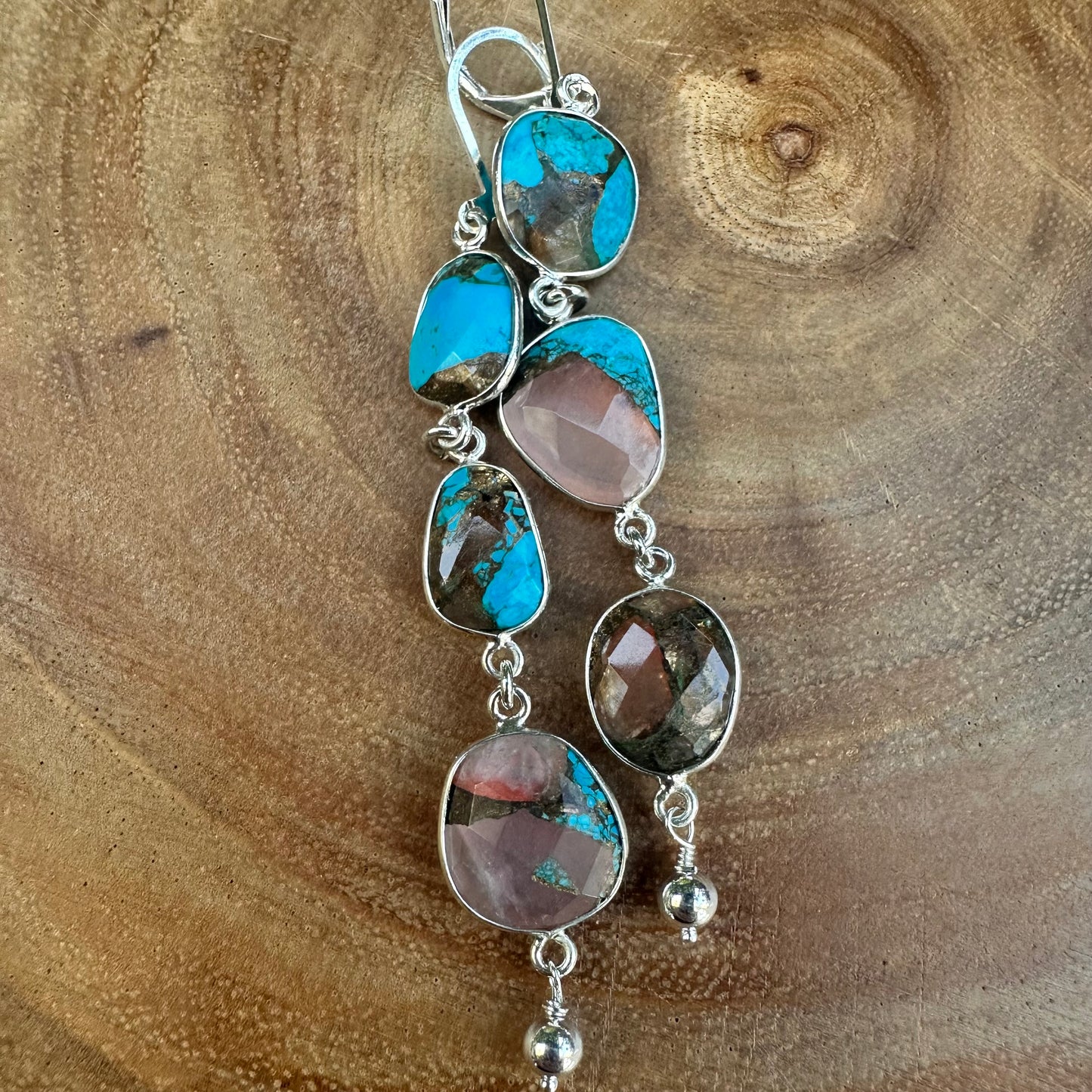 Mohave Rose Quartz Copper Turquoise Drop Earrings (3”)