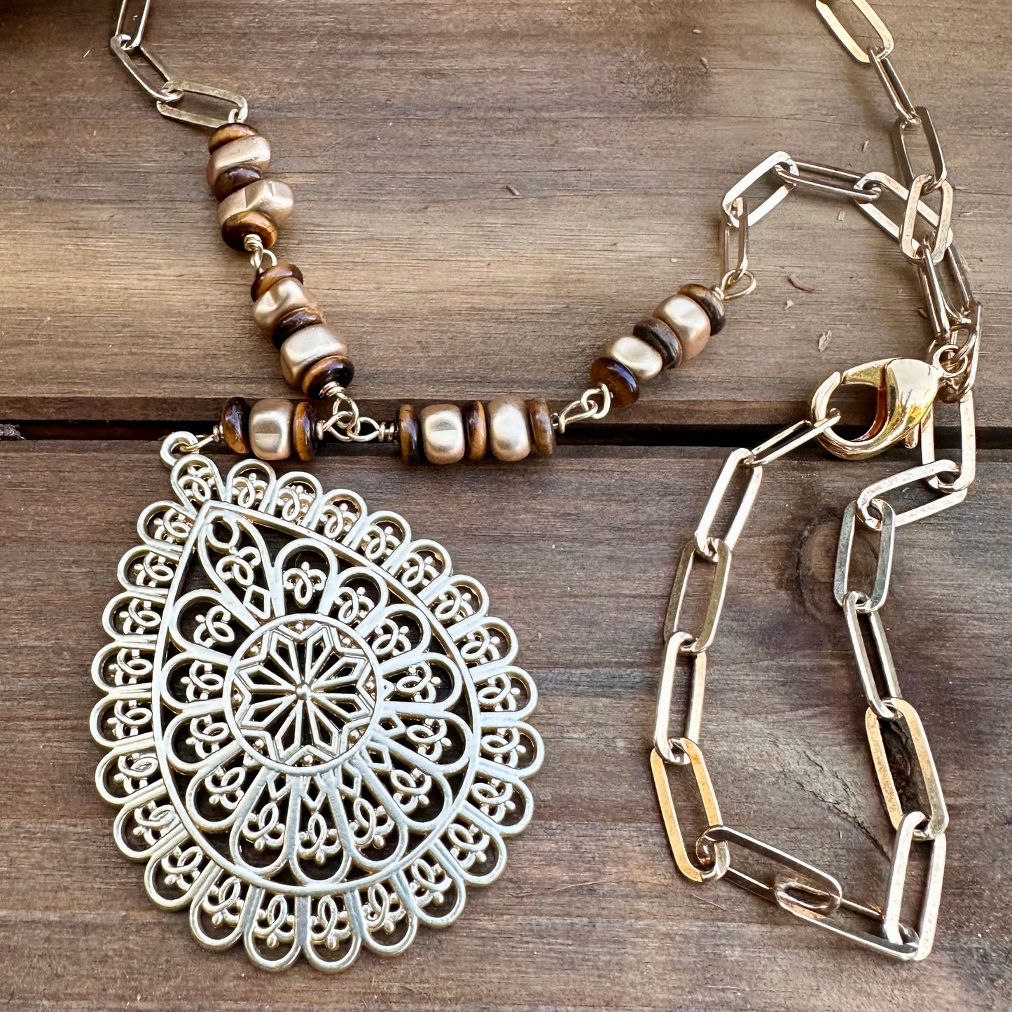 Gold Medallion Tiger Eye Pearl Necklace