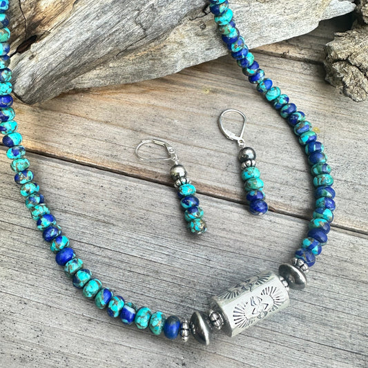 Turquoise Lapis Navajo Pearls Barrel Necklace (18”-20”)