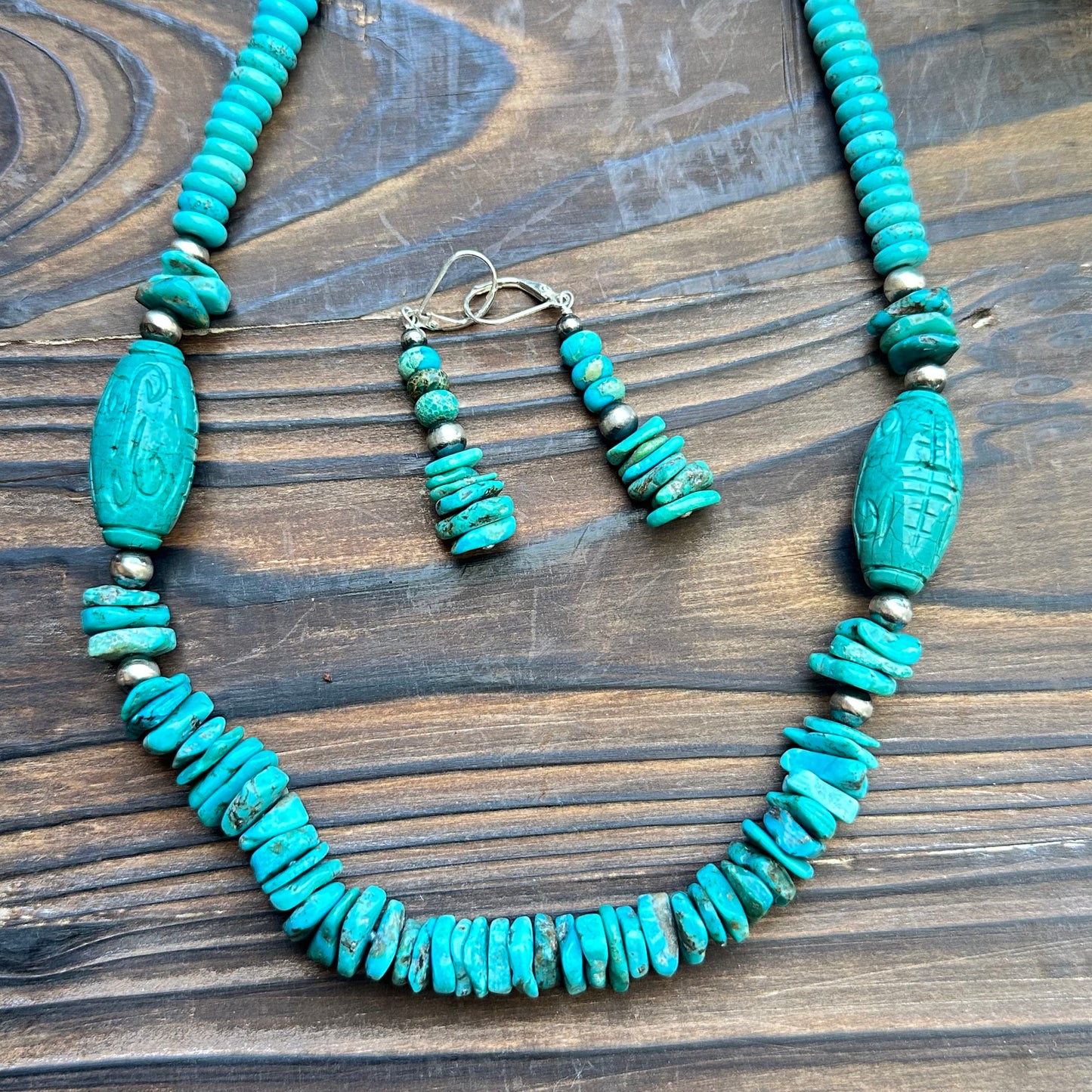 Carved Turquoise Navajo Pearl Statement Necklace  (22"-24")