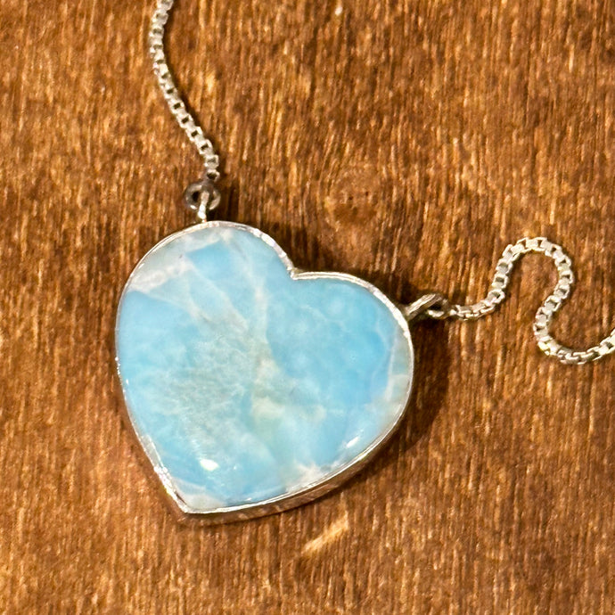 N0651  Larimar Heart Sterling Silver Necklace (18”-20”)