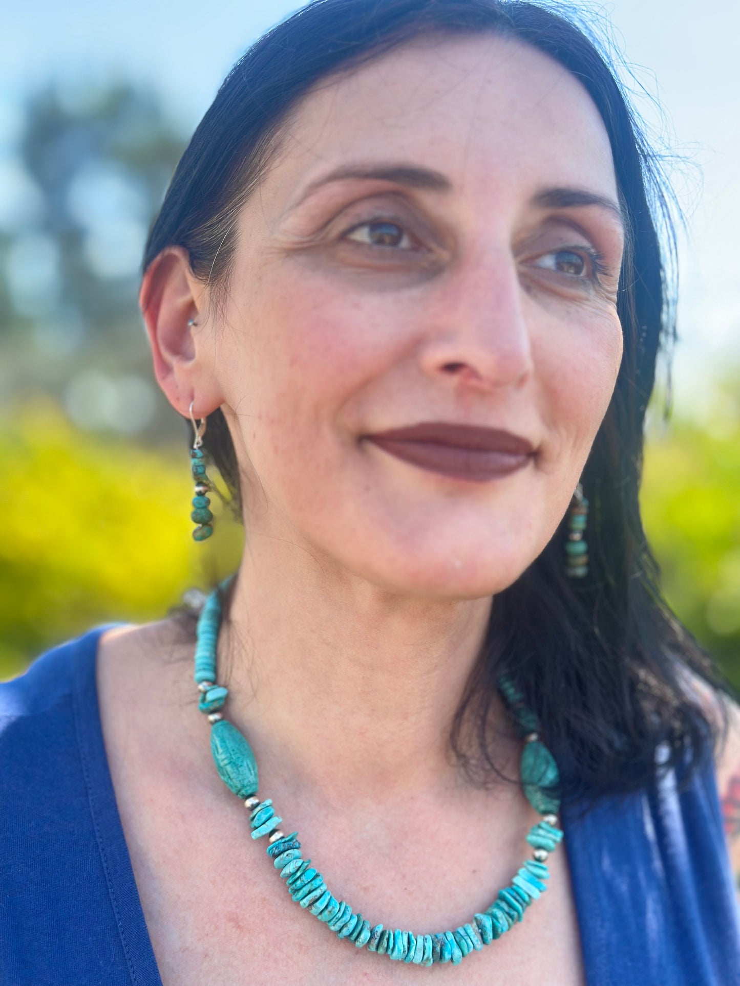 Carved Turquoise Navajo Pearl Statement Necklace  (22"-24")