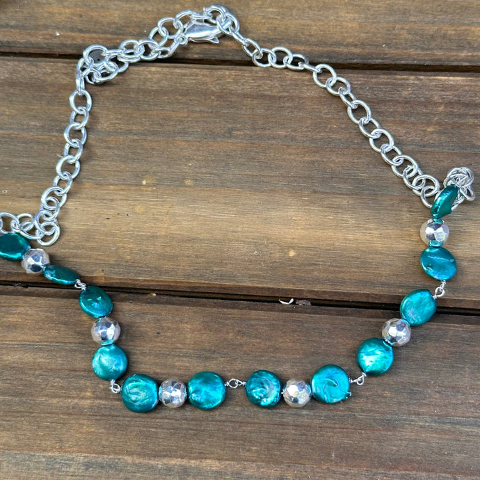 N0847  Teal Pearl Sterling Necklace (18”-20”)