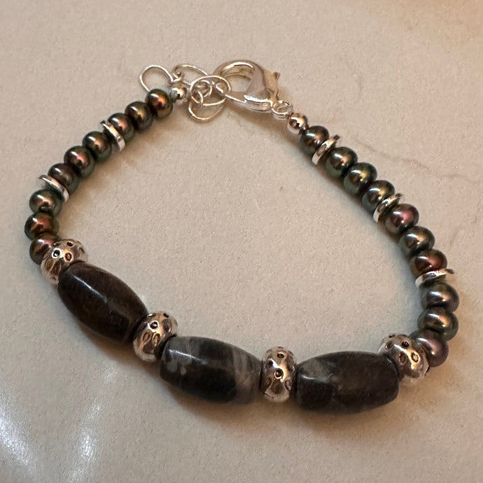 Jasper Pearl Sterling Silver Bracelet (6.75”-7.25”)