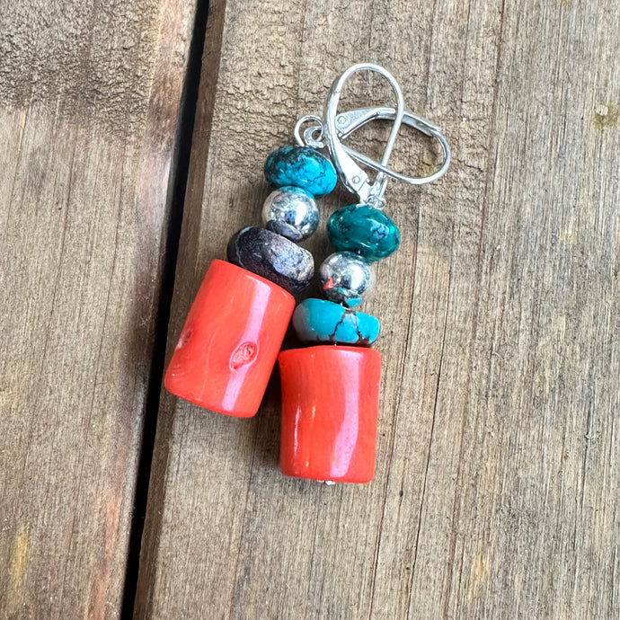 E0711 Coral Turquoise Earrings 2”