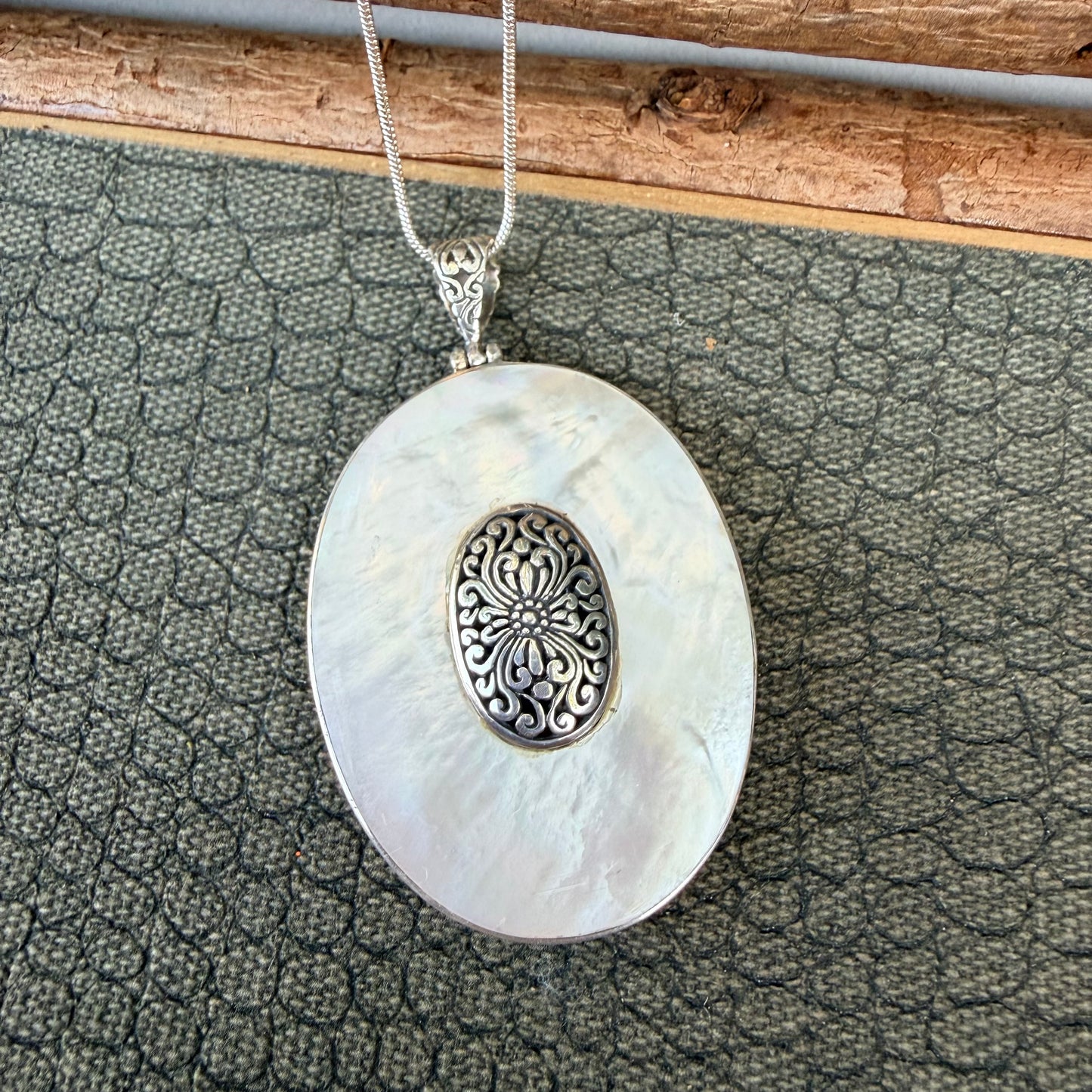 Sale - 2.4" Reversible Mother of Pearl/Coral Pearl Sterling Silver Pendant on 18" Sterling Silver Chain