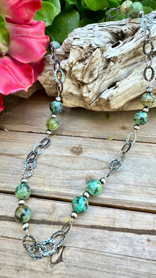 N0765 African Turquoise Navajo Pearls Necklace