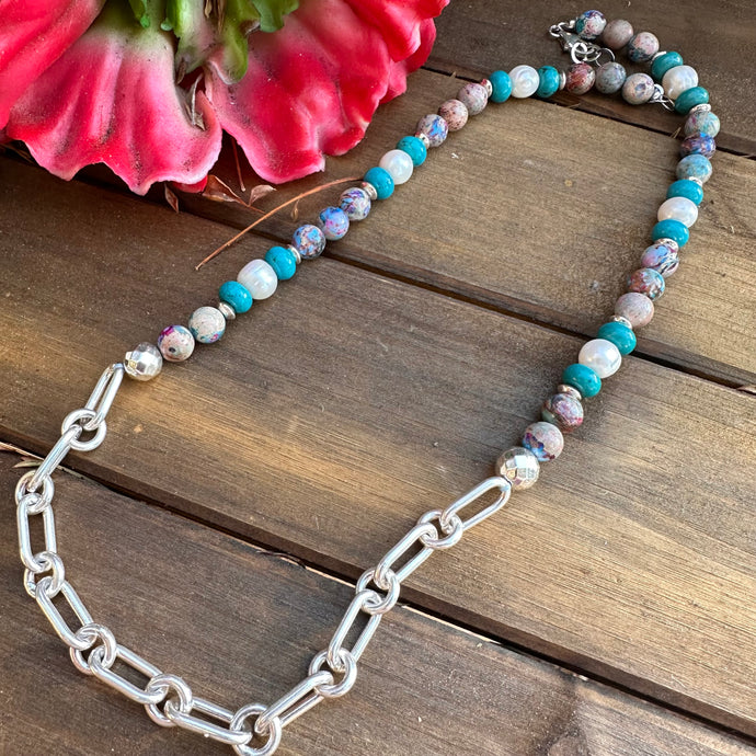 Jasper Pearl Turquoise Sterling Silver Necklace 20”-22”