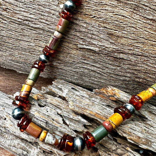 N0886  Amber Jasper Navajo Pearls Necklace (18”-20”)