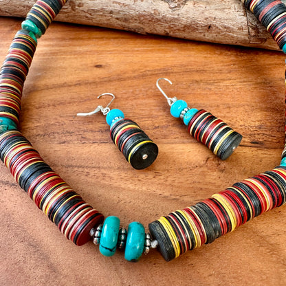 African Disc Beads Turquoise Earrings 1.8"