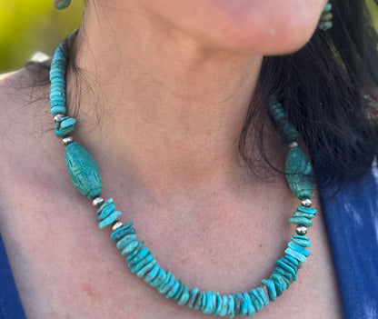 Carved Turquoise Navajo Pearl Statement Necklace  (22"-24")
