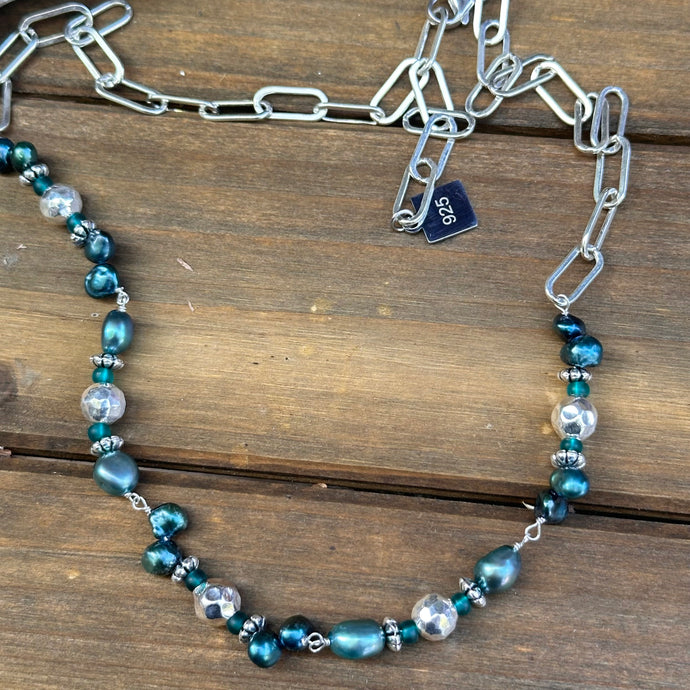 N0848  Teal Pearl Sterling Necklace (18”-20”)