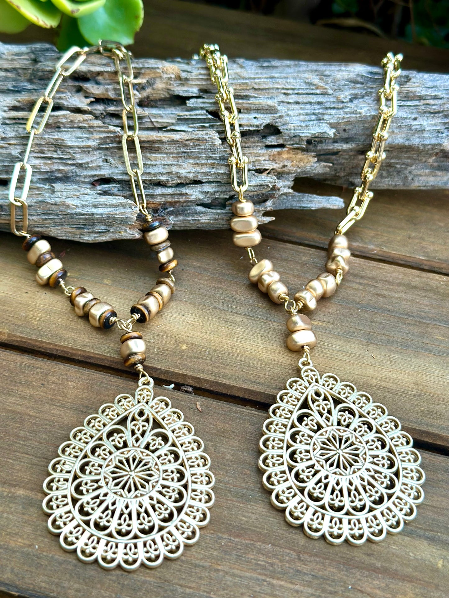 Gold Medallion Tiger Eye Pearl Necklace