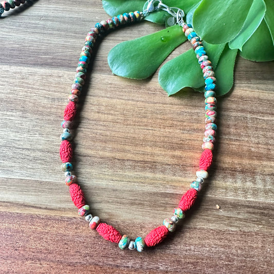 Coral Turquoise Spiny Oyster Navajo Pearl Necklace (18”-20”)