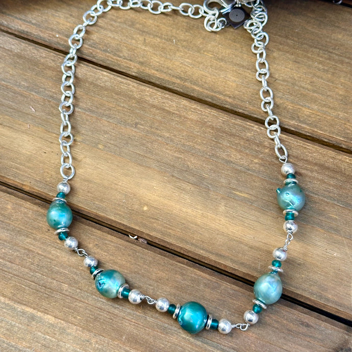 N0849  Teal Pearl Sterling Necklace (18”-20”)