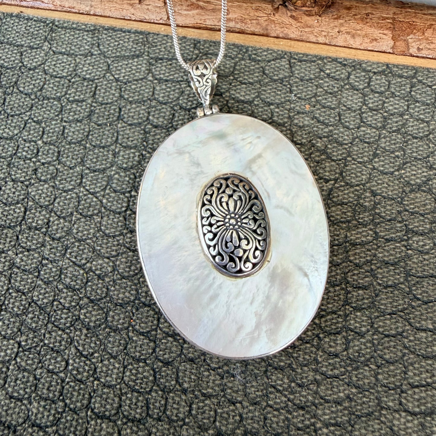 Sale - 2.4" Reversible Mother of Pearl/Coral Pearl Sterling Silver Pendant on 18" Sterling Silver Chain