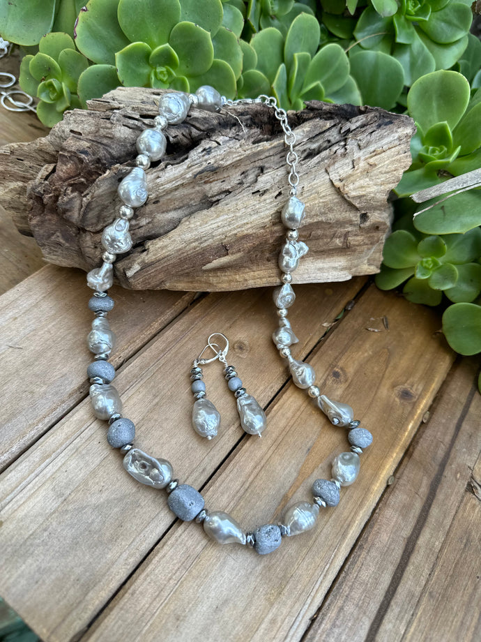 N0630  Silver Baroque Pearls Necklace 20”-22”