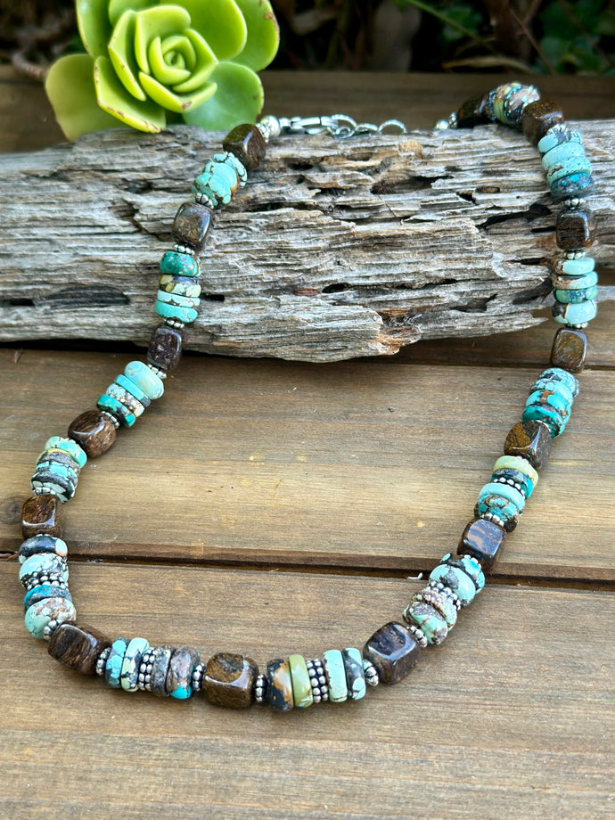 N0830   Turquoise Bronzite Statement Sterling Necklace (18”-20”)