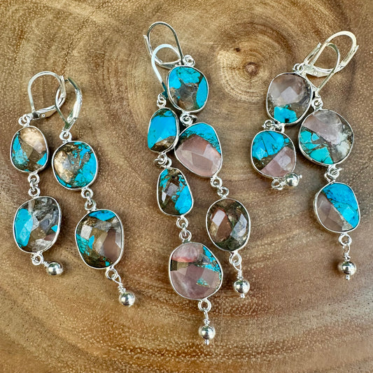 Mohave Rose Quartz Copper Turquoise Drop Earrings (2.5”)