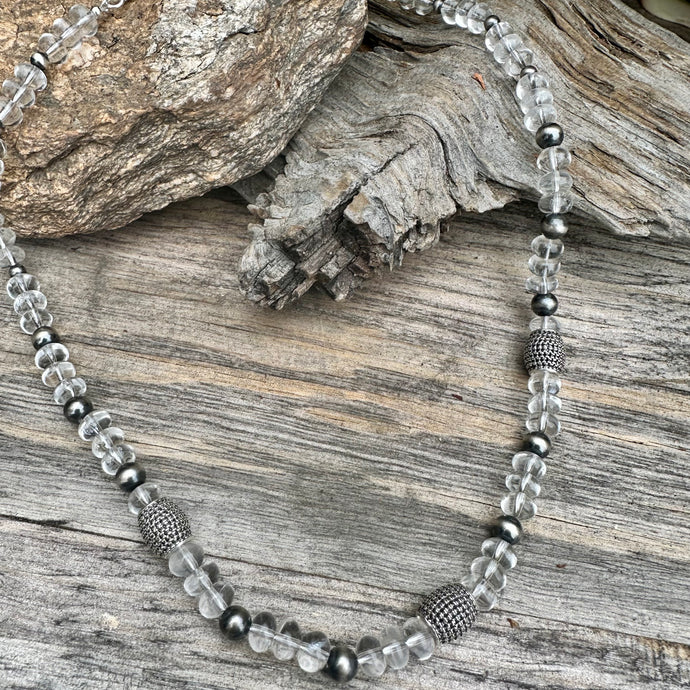 SN0119.  16”-18” Navajo Pearls Quartz Sterling Necklace