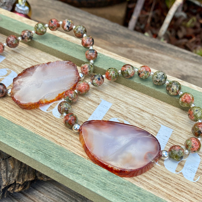SB0492.  8mm Unakite with Statement Agate Focal Bracelet